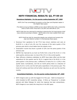 Ndtv Financial Results: Q2, Fy 09-10