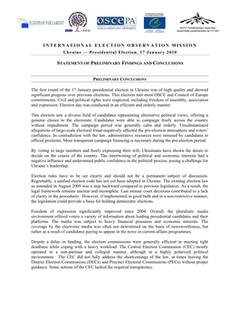 INTERNATIONAL ELECTION OBSERVATION MISSION Ukraine — Presidential Election, 17 January 2010