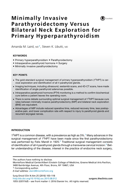 Minimally Invasive Parathyroidectomy Versus Bilateral Neck Exploration for Primary Hyperparathyroidism