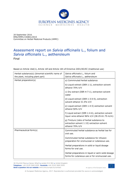 Assessment Report on Salvia Officinalis L., Folium and Salvia Officinalis L., Aetheroleum Final