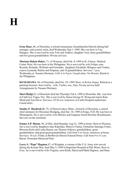 Irene Haar, 86, of Honolulu, a Retired Restaurateur, Kamehameha Schools Dining Hall Manager, and Ceramic Artist, Died Wednesday Sep 1, 1999