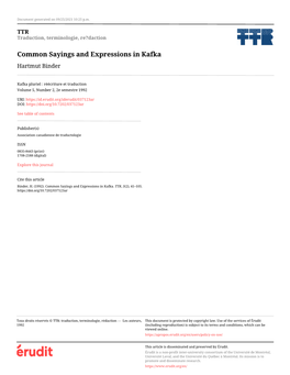 Common Sayings and Expressions in Kafka Hartmut Binder