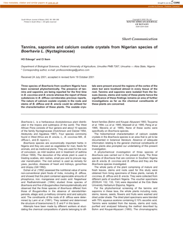 Tannins, Saponins and Calcium Oxalate Crystals from Nigerian Species of Boerhavia L