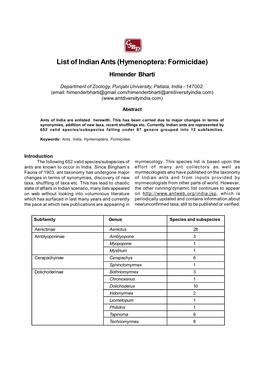 List of Indian Ants (Hymenoptera: Formicidae) Himender Bharti