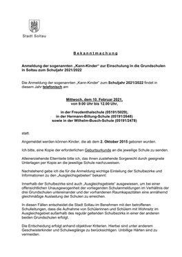 „Kann-Kinder“ Zur Einschulung in Die Grundschulen in Soltau Zum Schuljahr 2021/2022