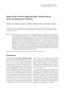 Status of the Eastern Imperial Eagle (Aquila Heliaca) in the European Part of Turkey