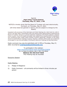 Agenda High Valley Transit District Thursday, May 27, 2021, 1 PM