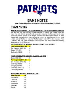 Patriots at Philadelphia Game Notes