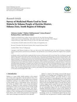 Survey of Medicinal Plants Used to Treat Malaria by Sidama People of Boricha District, Sidama Zone, South Region of Ethiopia