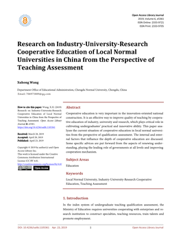 Research on Industry-University-Research Cooperative Education of Local Normal Universities in China from the Perspective of Teaching Assessment