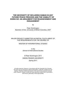 The Necessity of Including Hamas in Any Future Peace Process and the Viability of Doing So: an Argument for Reassessment and Engagement