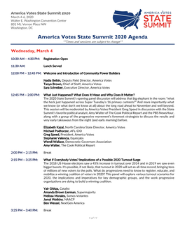 America Votes State Summit 2020 Agenda **Times and Sessions Are Subject to Change**