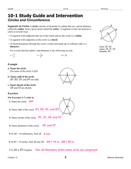 10-1 Study Guide and Intervention Circles and Circumference