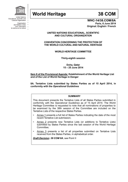 Tentative Lists Submitted by States Parties As of 15 April 2014, in Conformity with the Operational Guidelines