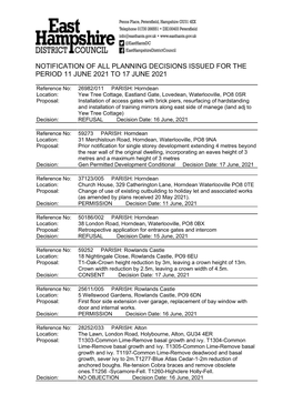 Notification of All Planning Decisions Issued for the Period 11 June 2021 to 17 June 2021