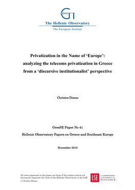 Analyzing the Telecoms Privatization in Greece from a ‘Discursive Institutionalist’ Perspective