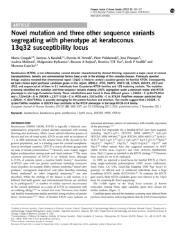 Novel Mutation and Three Other Sequence Variants Segregating with Phenotype at Keratoconus 13Q32 Susceptibility Locus