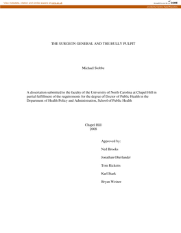THE SURGEON GENERAL and the BULLY PULPIT Michael Stobbe a Dissertation Submitted to the Faculty of the University of North Carol