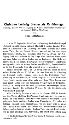 Christian Ludwig Brehm Als Ornithologe. (Vortrag, Gehalten Bei Der Tagung Des Vereins Sächsischer Ornithologen Am 1