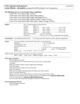 SVRA Supplemental Regulations: Aston Martin ~ All Models As Prepared for SVRA Group 4, 6 Or 8 Competition the Following Cars