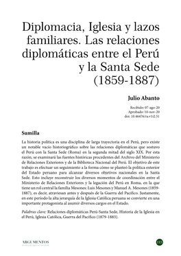 Diplomacia, Iglesia Y Lazos Familiares. Las Relaciones Diplomáticas Entre El Perú Y La Santa Sede (1859-1887)