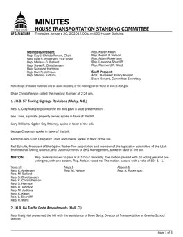 MINUTES HOUSE TRANSPORTATION STANDING COMMITTEE Thursday, January 30, 2020|2:00 P.M.|30 House Building