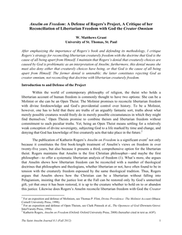 Anselm on Freedom: a Defense of Rogers’S Project, a Critique of Her Reconciliation of Libertarian Freedom with God the Creator Omnium