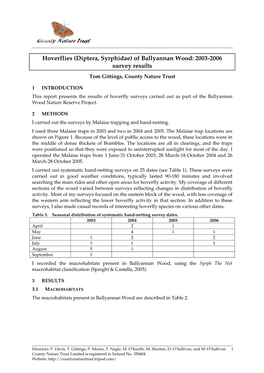 (Diptera, Syrphidae) of Ballyannan Wood: 2003-2006 Survey Results Tom Gittings, County Nature Trust