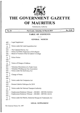 THE GOVERNMENT GAZETTE of MAURITIUS Published by Authority