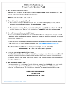 IHSS Provider Paid Sick Leave Frequently Asked Questions (Faqs)