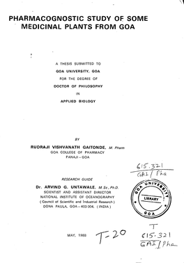 Pharmacognostic Study of Some Medicinal Plants from Goa