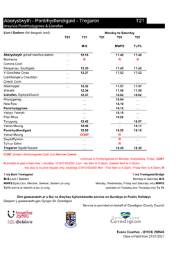 Pontrhydfendigaid - Tregaron T21 Drwy/Via Pontrhydygroes & Llanafan