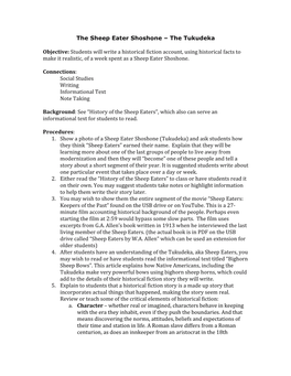 The Sheep Eater Shoshone – the Tukudeka Objective: Students Will Write a Historical Fiction Account, Using Historical Facts To