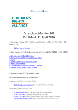 Oireachtas Monitor 202 Published: 11 April 2016