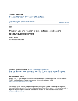 Structure Use and Function of Song Categories in Brewer's Sparrows (Spizella Breweri)