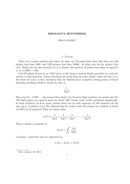 RIEMANN's HYPOTHESIS 1. Gauss There Are 4 Prime Numbers Less