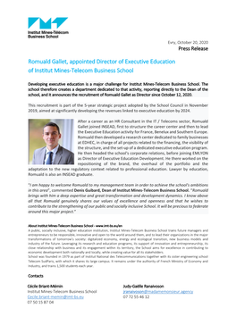 Romuald Gallet, Appointed Director of Executive Education of Institut Mines-Telecom Business School