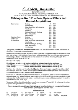 Catalogue No. 121 – Sale, Special Offers and Recent Acquisitions
