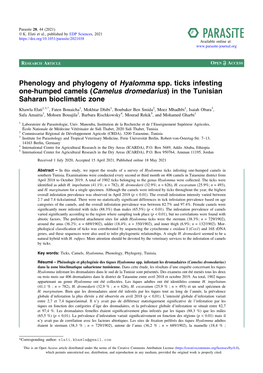 Phenology and Phylogeny of Hyalomma Spp. Ticks Infesting One-Humped Camels (Camelus Dromedarius) in the Tunisian Saharan Bioclimatic Zone