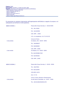 Si Comunicano Le Variazioni Intervenute Nell'organizzazione Dell'istituto a Seguito Di Scorporo O Di Collocazione Sul Territorio Di Unità Operative
