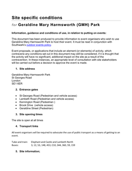 Site Specific Conditions for Geraldine Mary Harmsworth (GMH) Park