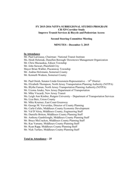 FY 2015-2016 NJTPA SUBREGIONAL STUDIES PROGRAM CR 529 Corridor Study Improve Transit Services & Bicycle and Pedestrian Access