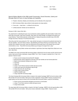 Special Edition Models of the 2006 Jeep® Commander, Grand Cherokee, Liberty and Wrangler Mark 65 Years of Jeep Heritage and Capability