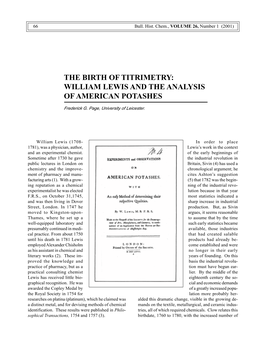 The Birth of Titrimetry: William Lewis and the Analysis of American Potashes