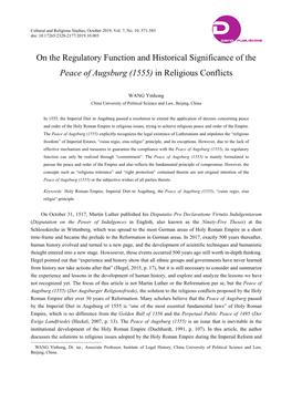 On the Regulatory Function and Historical Significance of the Peace of Augsburg (1555) in Religious Conflicts