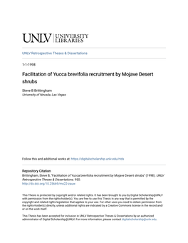 Facilitation of Yucca Brevifolia Recruitment by Mojave Desert Shrubs