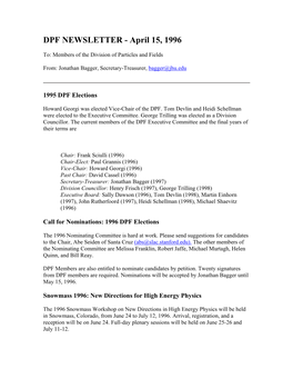 DPF NEWSLETTER - April 15, 1996