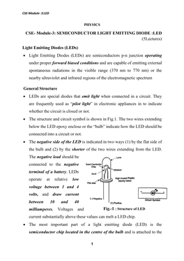 CSE- Module-3: SEMICONDUCTOR LIGHT EMITTING DIODE :LED (5Lectures)
