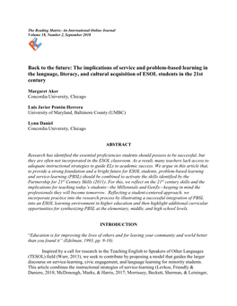 Back to the Future: the Implications of Service and Problem-Based Learning in the Language, Literacy, and Cultural Acquisition of ESOL Students in the 21St Century