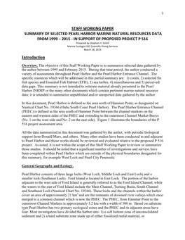 STAFF WORKING PAPER SUMMARY of SELECTED PEARL HARBOR MARINE NATURAL RESOURCES DATA from 1999 – 2015 - in SUPPORT of PROPOSED PROJECT P 516 Prepared by Stephen H